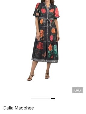 Dalia MacPhee NWOT Black Floral Midi Shirt Dress with Tie Waist SIZE XL